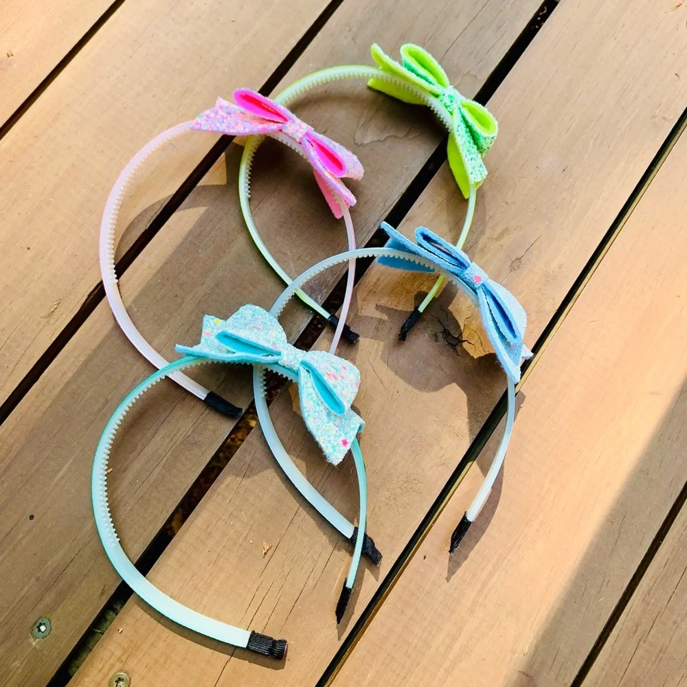 (4) Glitter pastel colored bow style headbands girls